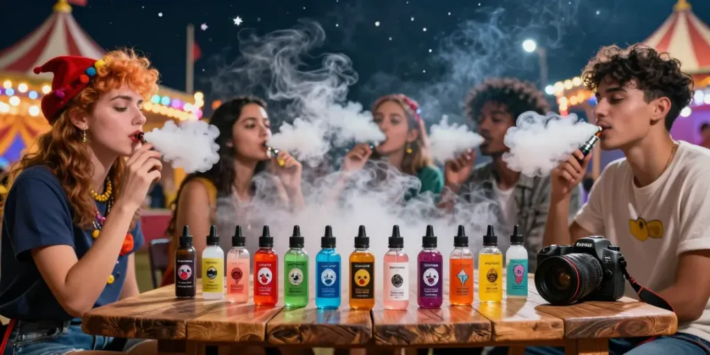 Friends enjoying clown vape e-liquids amidst colorful carnival decorations and swirling vapor.