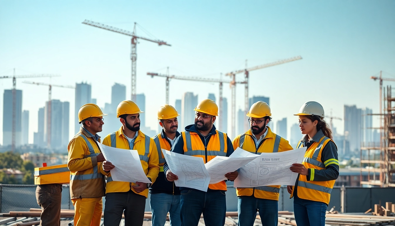 Workers discussing construction labor compliance strategies on a vibrant job site.
