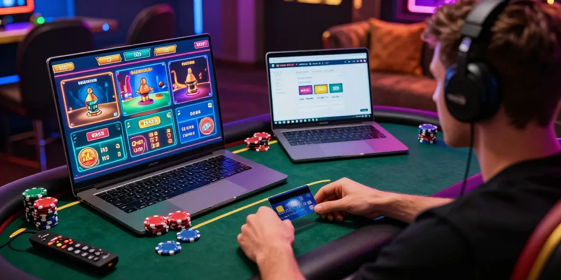 Player enjoying online gaming at spinysoft.co.uk with credit card visible, highlighting an exciting casino experience.