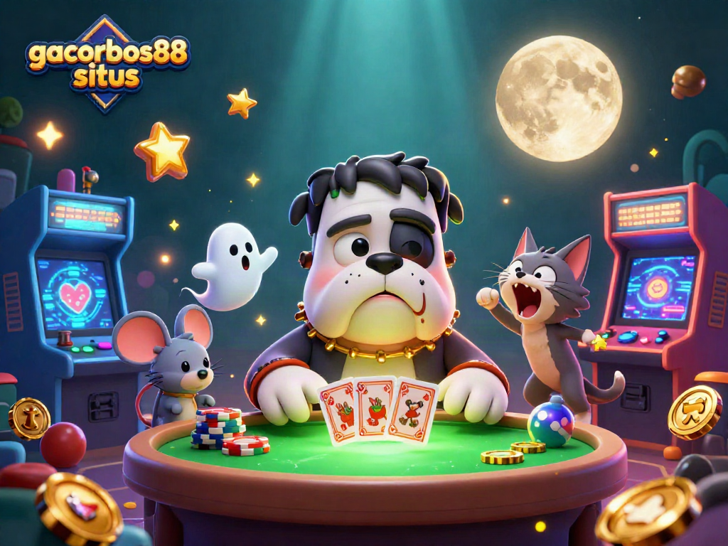 Experience thrilling gameplay at gacorbos88 situs with a vibrant 3D casino scene featuring fun characters.