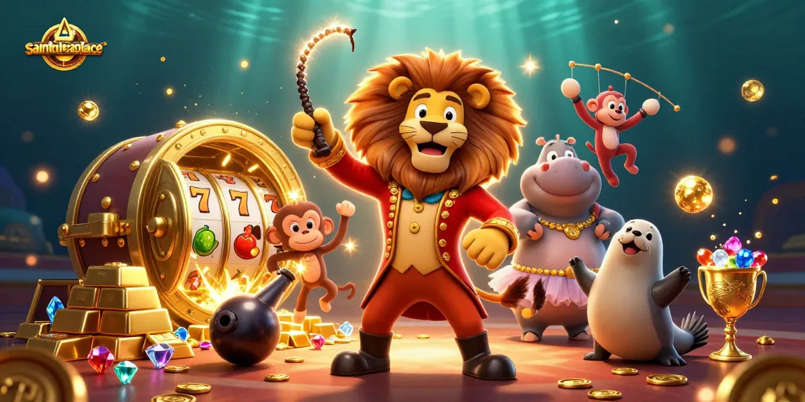 Experience winning thrills at saintnicolasplace with captivating 3D circus characters amidst gold and slot symbols.