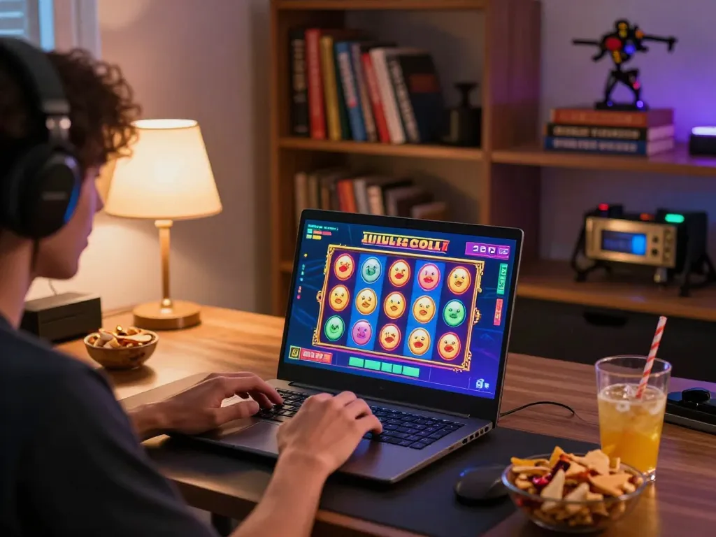 Engaging online session featuring situs slot gameplay on a laptop with vibrant visuals and cozy ambiance