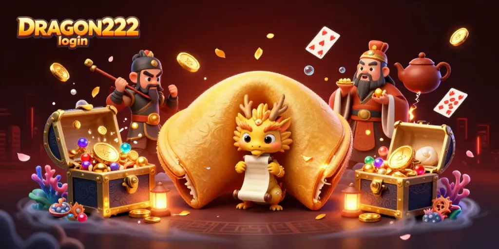 Experience the excitement at DRAGON222 login with a vibrant casino-themed 3D illustration of characters and dynamic gaming elements.