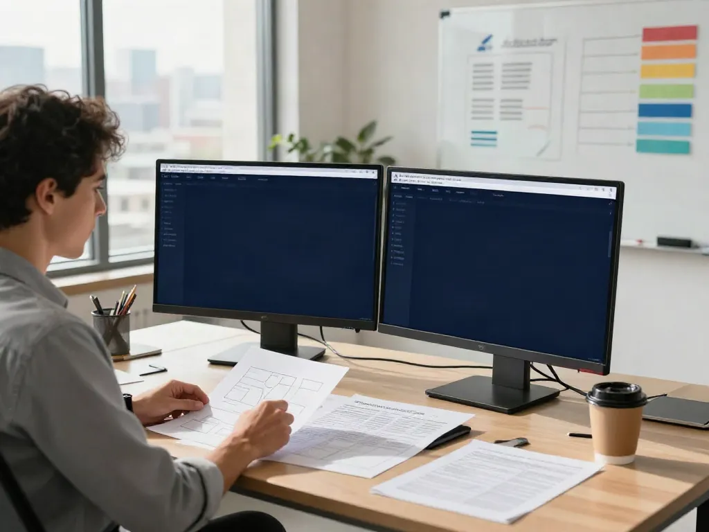 Tax software for tax pros workspace with professional analyzing documents on dual monitors.