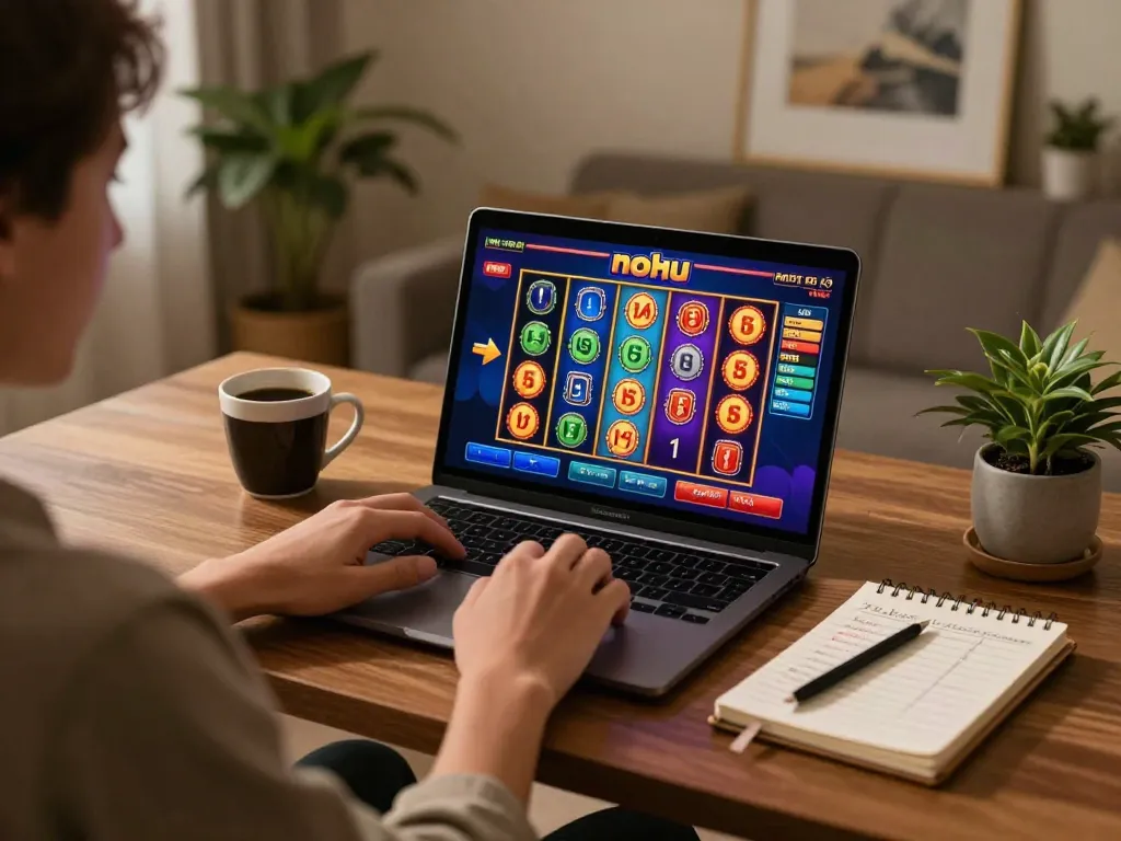 Engaged player enjoying nohu slot games on a laptop at home, illustrating online gambling excitement
