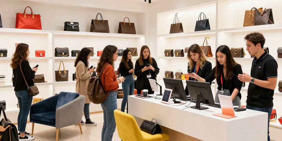 High-quality 레플리카 shopping experience with stylish customers engaging in a vibrant retail atmosphere.