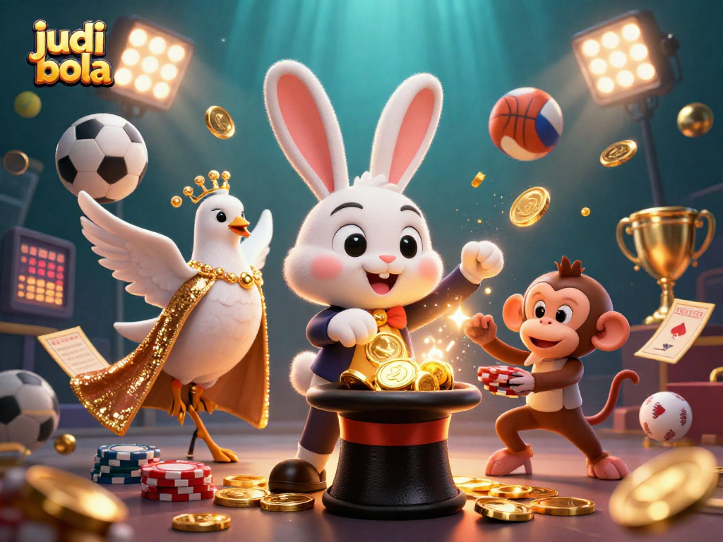 Experience judi bola excitement as a magician rabbit conjures coins and a monkey swipes poker chips amid vibrant sports elements.