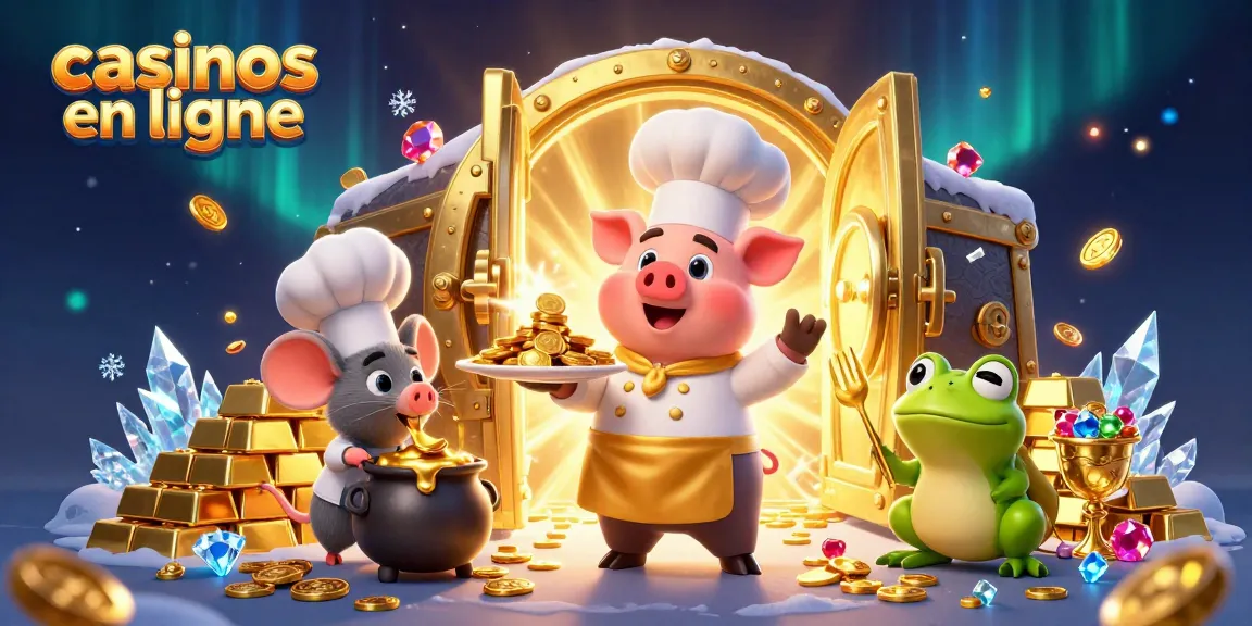 Illustration inspirante de casinos en ligne avec un chef cartoon et des décorations dorées