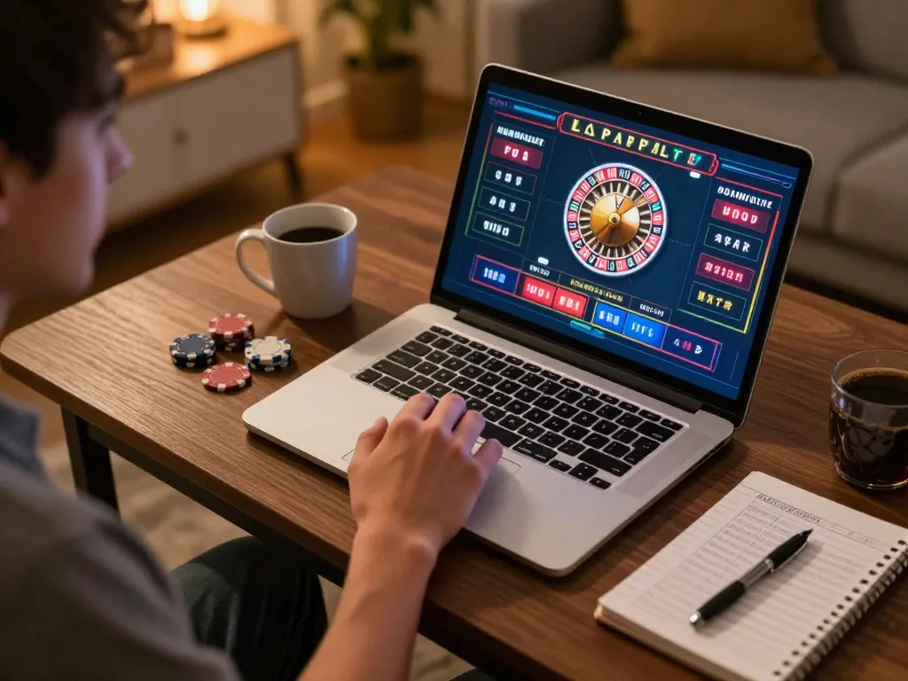 Engaged player at home using paris888 for an exciting online roulette game, with betting strategies nearby.