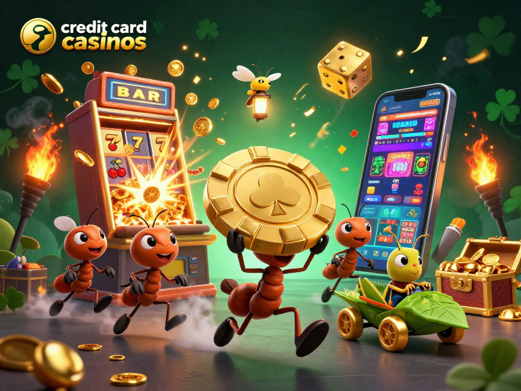 Experience thrilling credit card casinos with a team of ants and vibrant gaming elements in a heist scene.