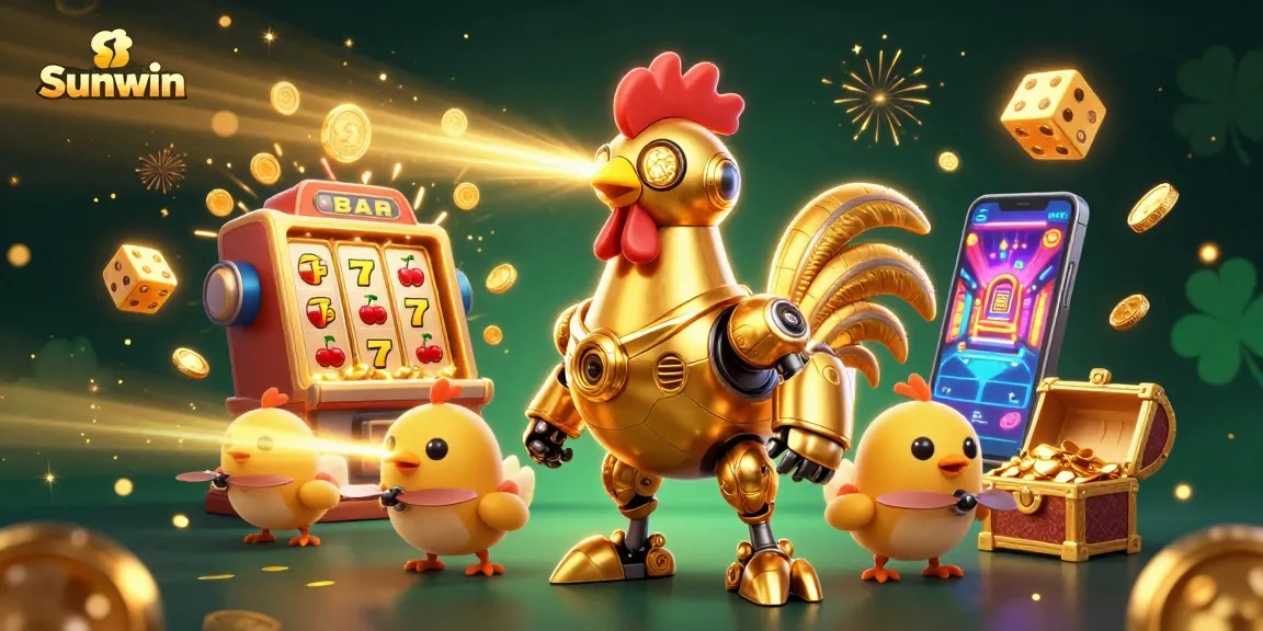 Engage with Sunwin's thrilling 3D casino adventure, featuring a golden rooster robot and exciting games.
