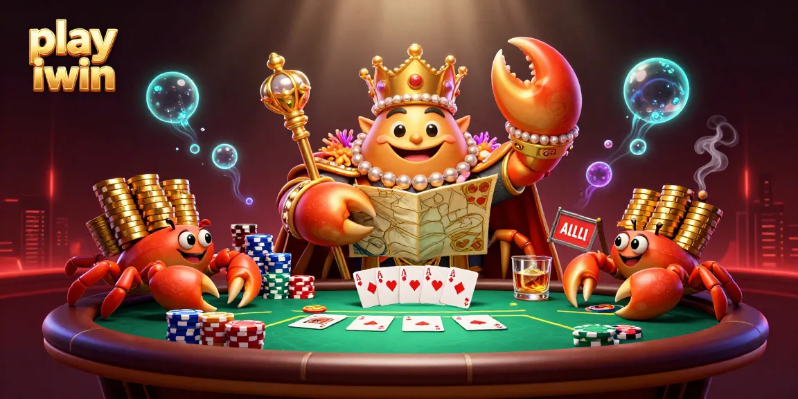 Engage and play iwin in a vibrant casino scene featuring a golden crab emperor and poker elements.