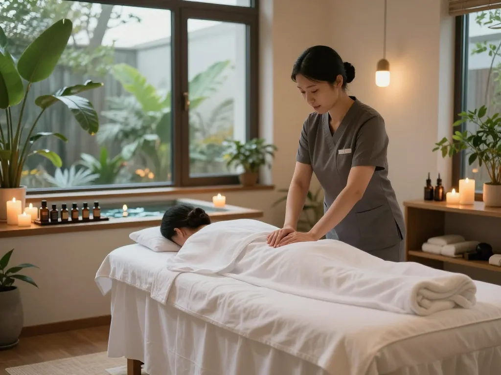 부드러운 조명과 편안한 요소가 있는 고급 마사지 치료실을 보여주는 고요한 스파에서 서초스웨디시를 경험해보세요.