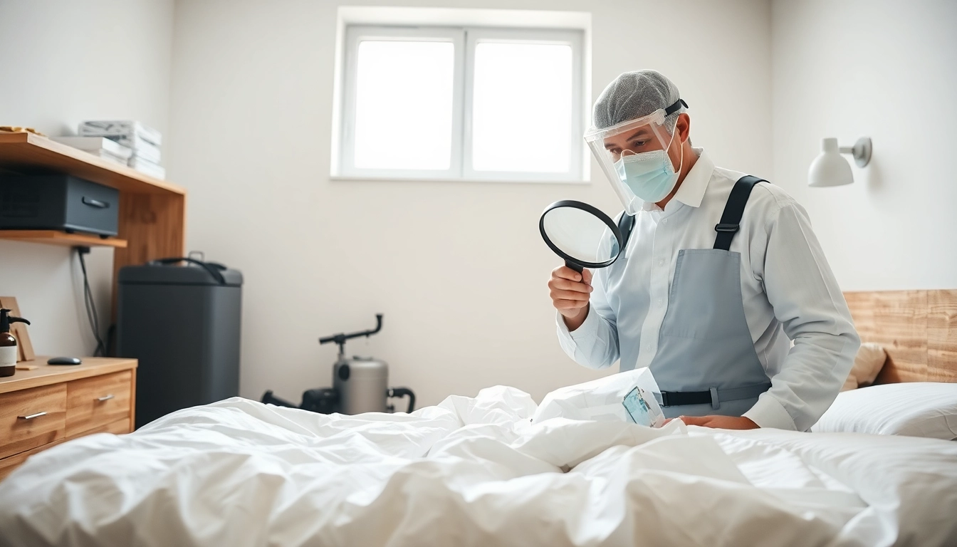 Thorough bed bug extermination services showcased by a pest control technician inspecting a bedroom.