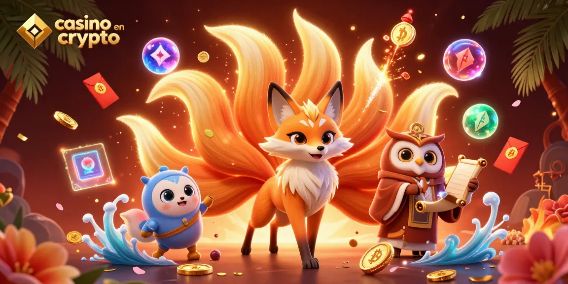 Illustration dynamique d'un casino en crypto avec un renard à neuf queues et une chouette, entourés de pièces de Bitcoin et d'Ethereum.
