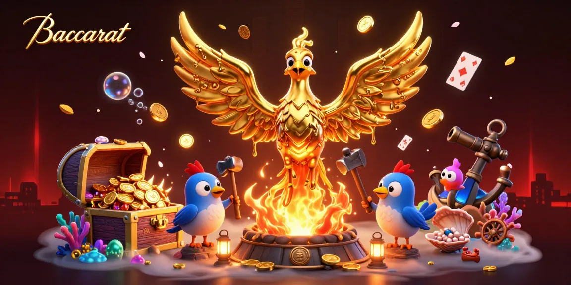 Baccarat-themed illustration showcasing a majestic golden phoenix with gold coins, representing casino excitement and strategy.
