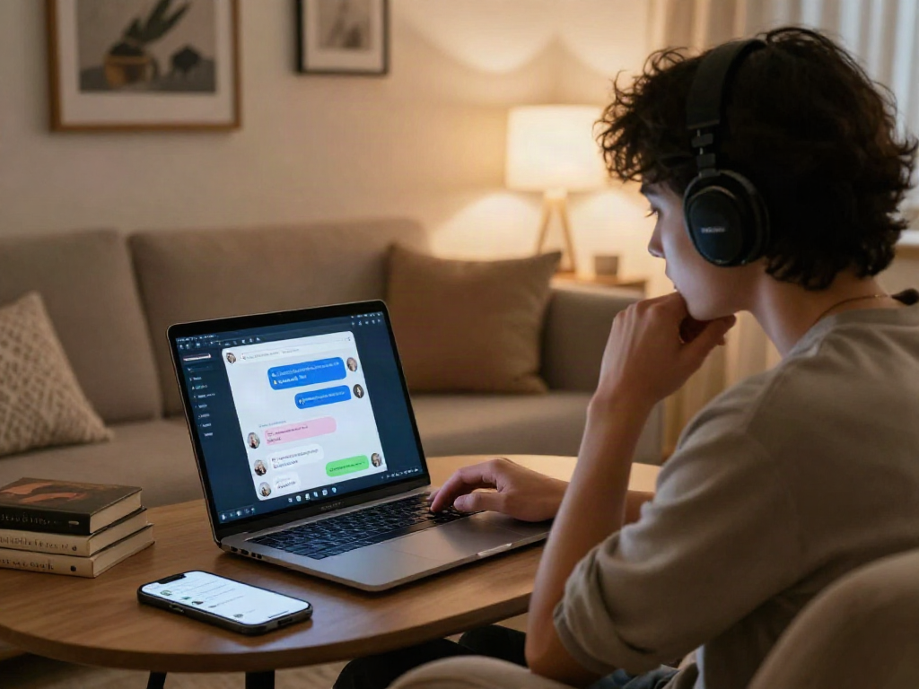 An individual exploring nsfw ai chat while seated in a modern living room, surrounded by ambient lighting and personal decor.