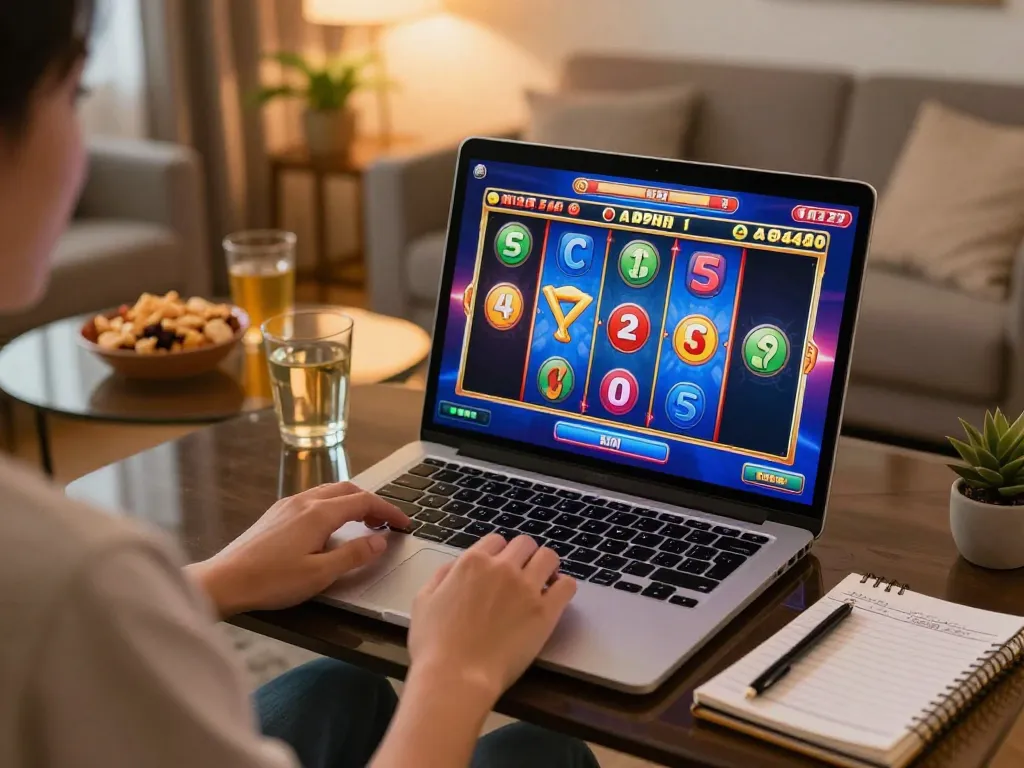 Engaging player enjoying slot thailand no 1 on a laptop in a cozy home setting.