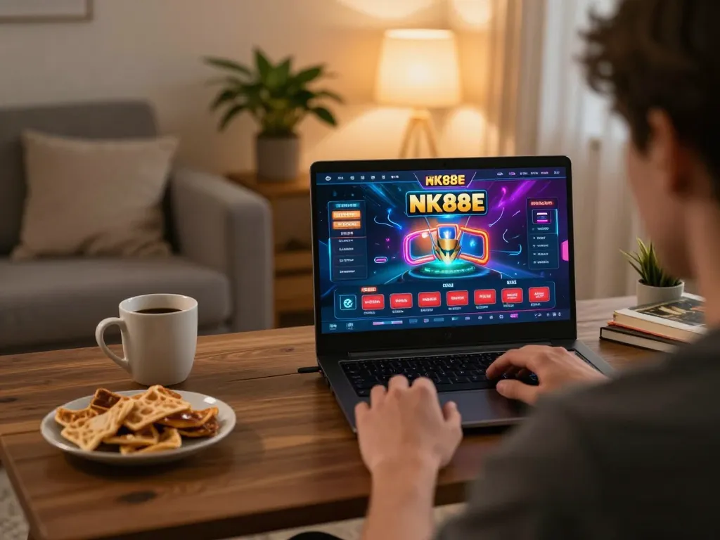 Player immersed in NK88E online gaming session using a laptop in a cozy, warm-lit setting.