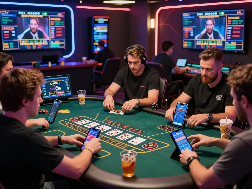 Exciting online baccarat site showcasing players enjoying live games on devices with a modern virtual casino atmosphere.