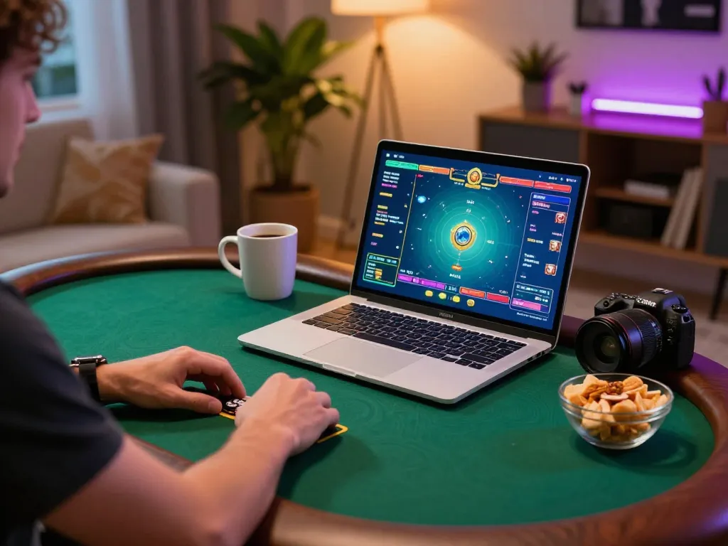 Player enjoying online poker gaming on 388bet platform in a cozy home setting.