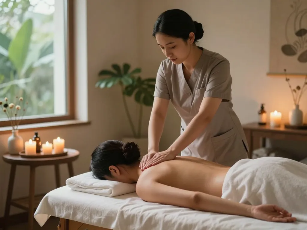 Relaxing aromatherapy massage session at https://www.maxim-anma.net with soothing ambiance, professional therapist, and essential oils.