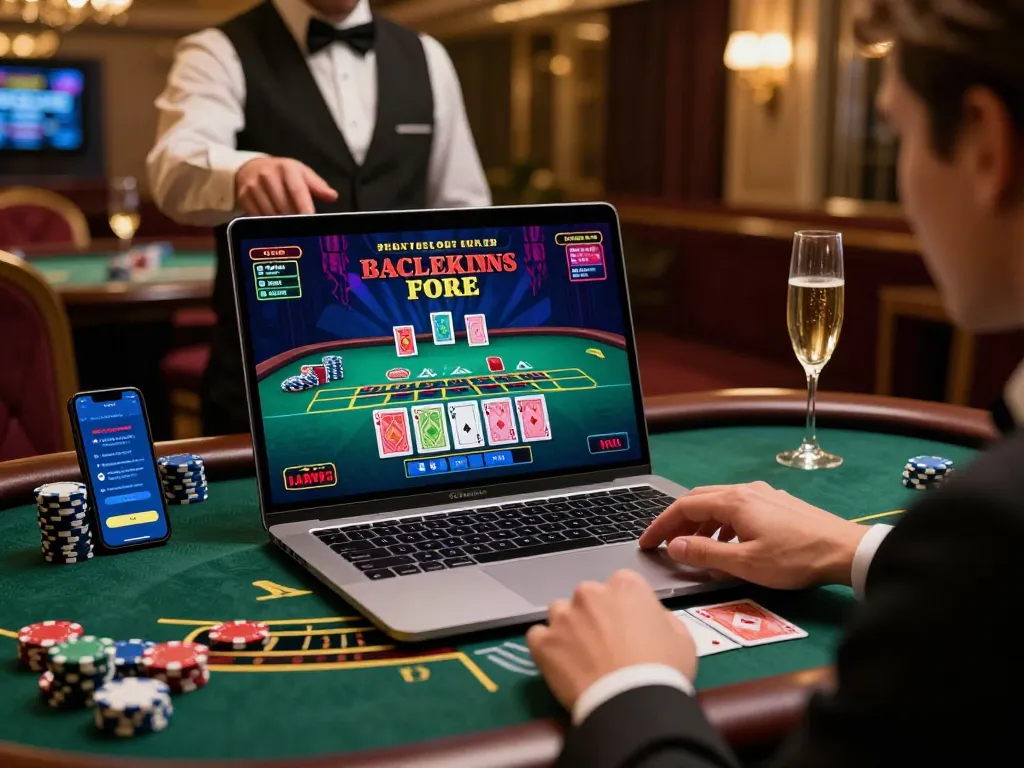 Online baccarat site with live dealer in luxurious virtual casino setup.
