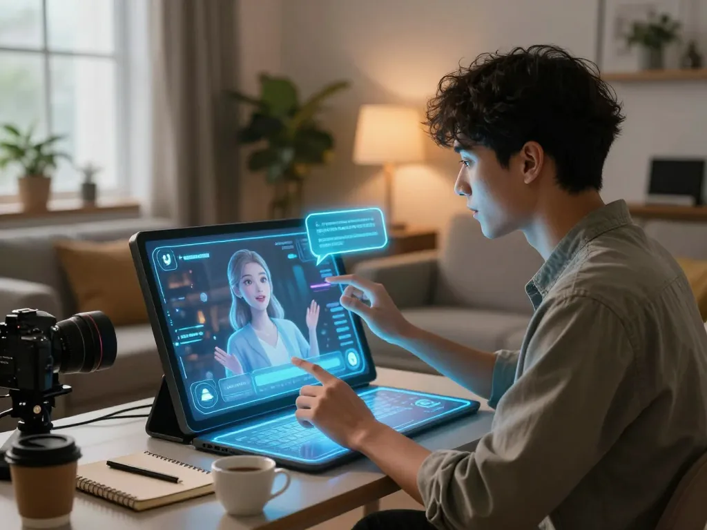 User engaging in AI sex chat on a modern touchscreen interface in a cozy setting.