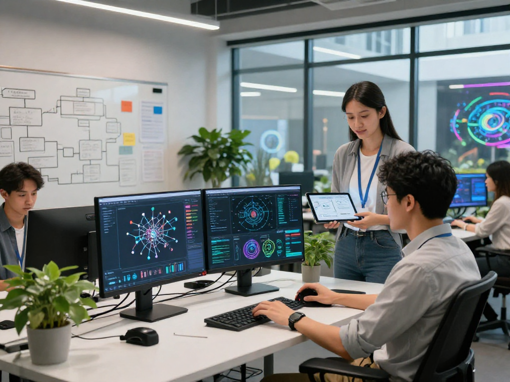 Developers collaborating on innovative AI projects, showcasing a vibrant crush on ai workspace.