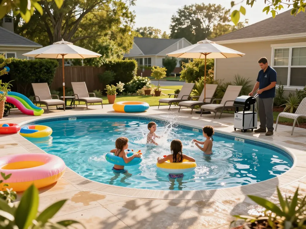 Dolphin Pool Services maintaining a vibrant backyard pool with families enjoying summer fun.