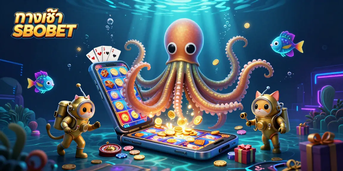 Experience ทางเข้า SBOBET with an engaging ocean theme featuring a kraken, cat diver, and vibrant casino elements.