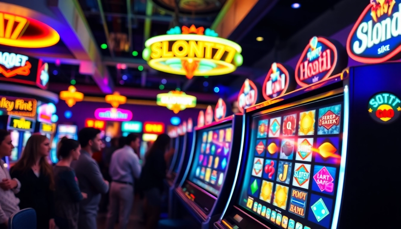 Menampilkan Slot77 yang mengesankan dengan lampu berwarna-warni di kasino.