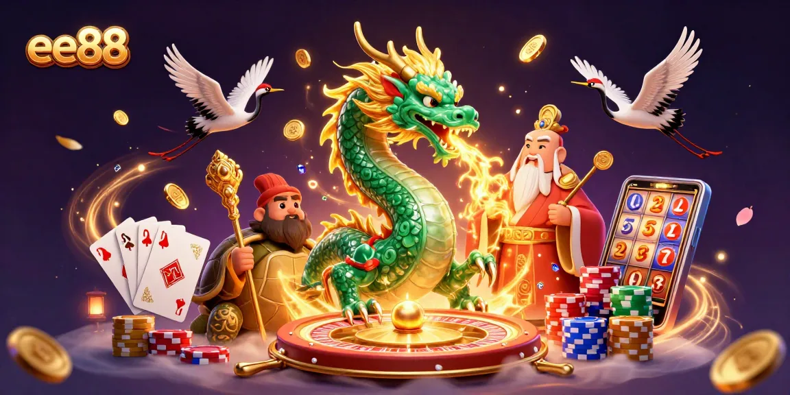 Play slot games and win big with ee88, featuring a fantasy scene of characters and casino elements.