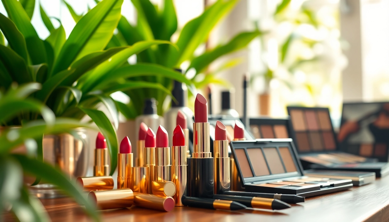 Showcasing vibrant wholesale make up products on a wooden vanity with greenery.