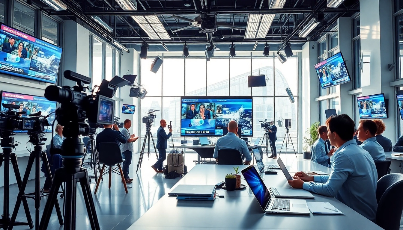 Newsroom filled with journalists working on breaking news stories.