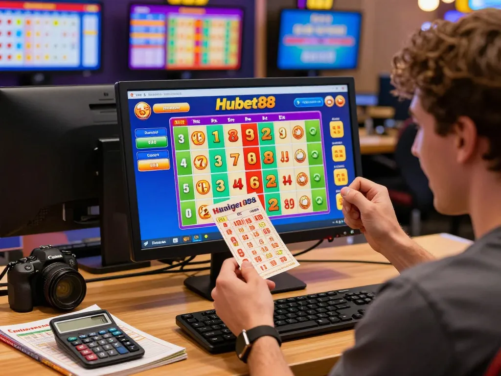 Excited player celebrating a win in xổ số Hubet88 lottery game with vibrant graphics and ticket in hand.