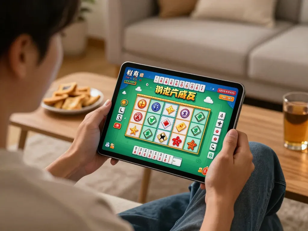 Engaging gameplay of slot mahjong on tablet in cozy home setting