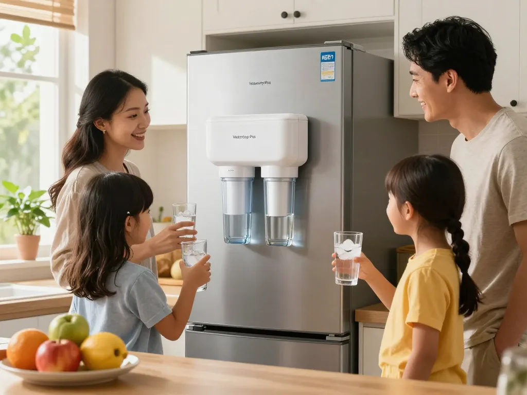 Family enjoying fresh water from Waterdrop Plus LT1000PC ADQ747935 NSF 401 Refrigerator Water Filter in a bright kitchen.