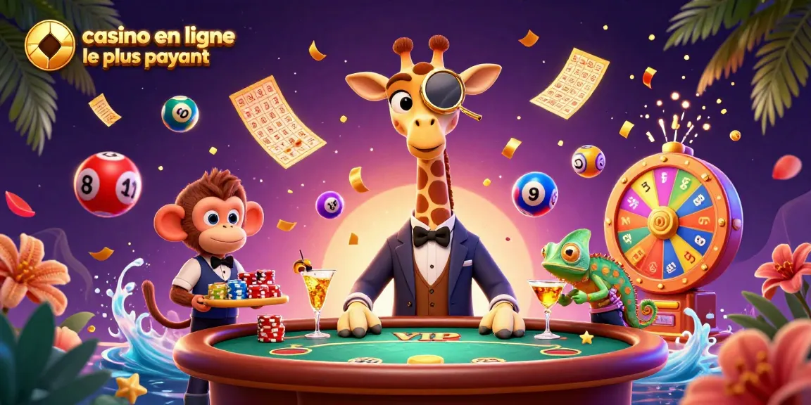 Découvrez le casino en ligne le plus payant avec une girafe extravagante à une table VIP, entourée de jeux et d'effets colorés.