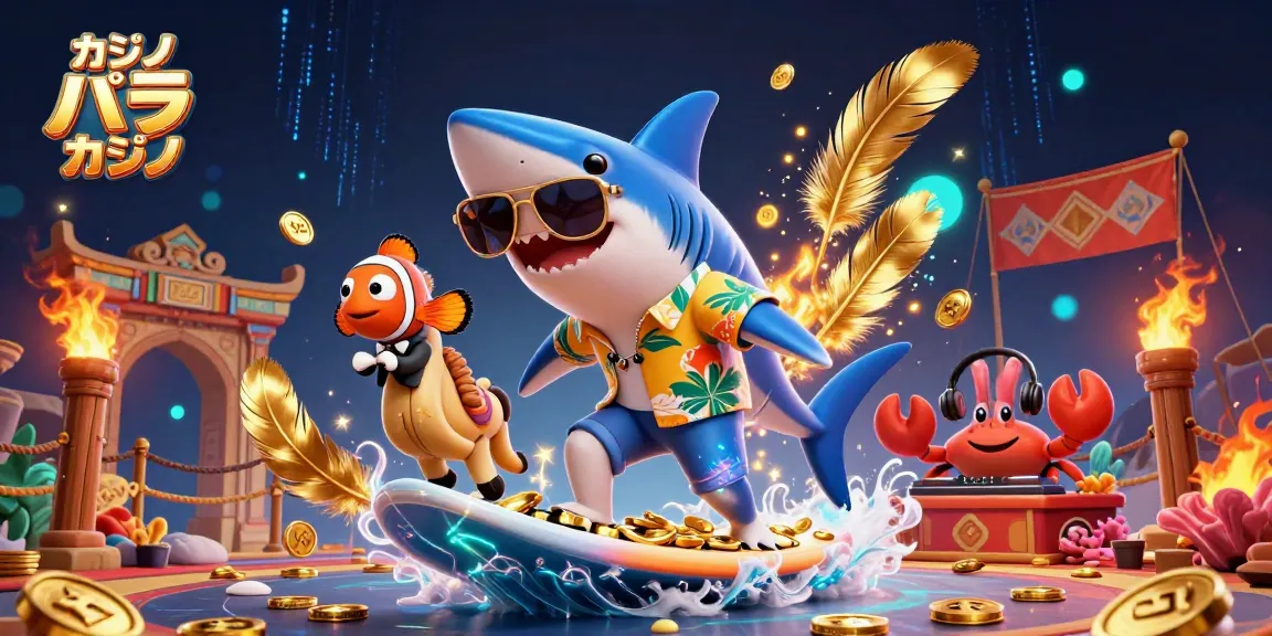 カジノ バカラ カジノの魅力を描いたカラフルな3Dイラストで、エネルギッシュなキャラクターたちがゴールドコインの波に乗る様子。