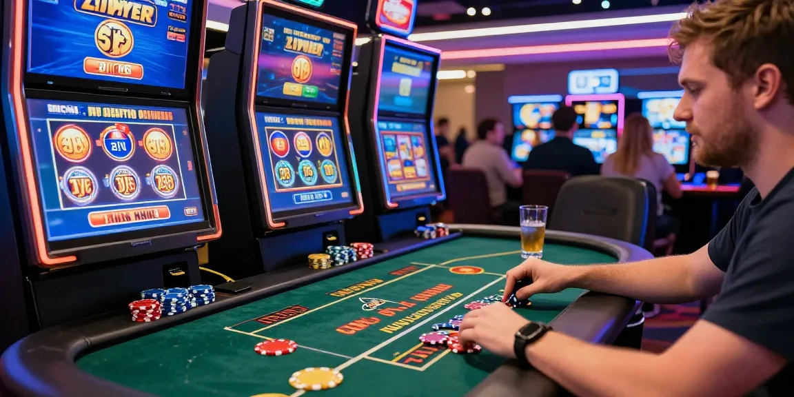 Engaged player enjoying the vibrant atmosphere at credit card casinos UK, surrounded by colorful games and lively ambiance.