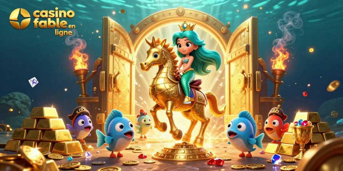 Jouer sur un casino fiable en ligne avec excitation autour d'une princesse sirène et un hippocampe doré.