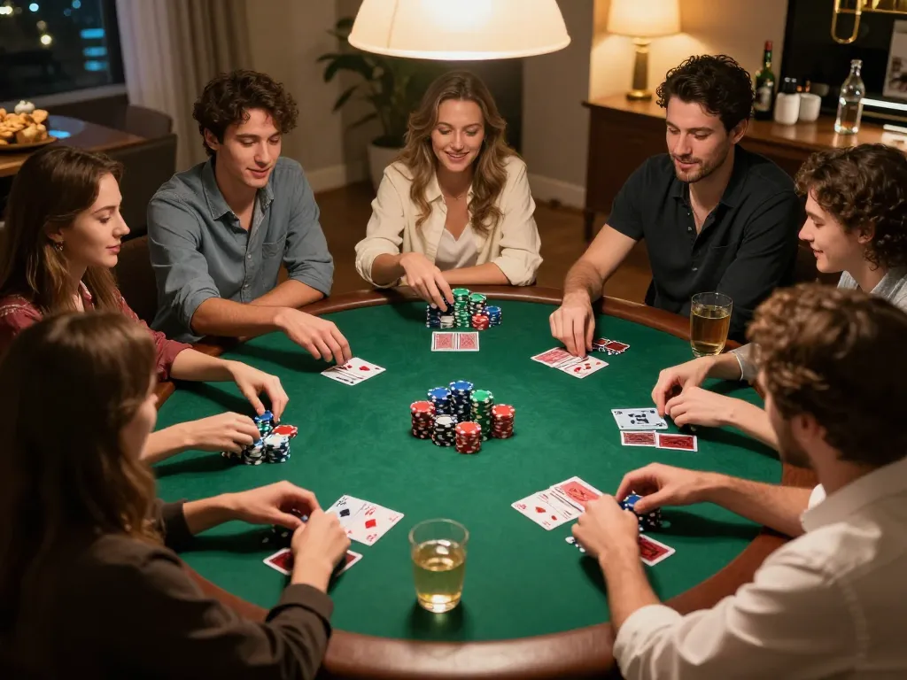 Engaged friends enjoying judi slot gameplay during a lively home poker night.