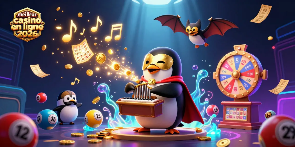 Illustration dynamique de meilleur casino en ligne 2026 avec un pingouin fantôme jouant un orgue, des ballons de loterie et une acrobate.