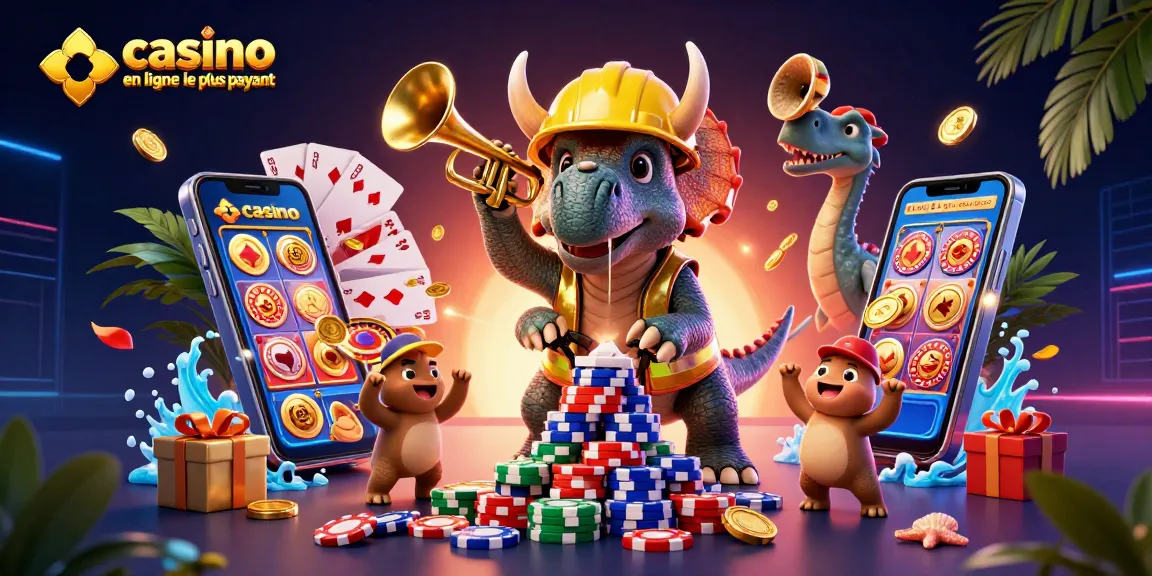 Découvrez le casino en ligne le plus payant avec cette illustration festive et dynamique, montrant un triceratops et un parasaurolophus parmi des éléments de jeu.