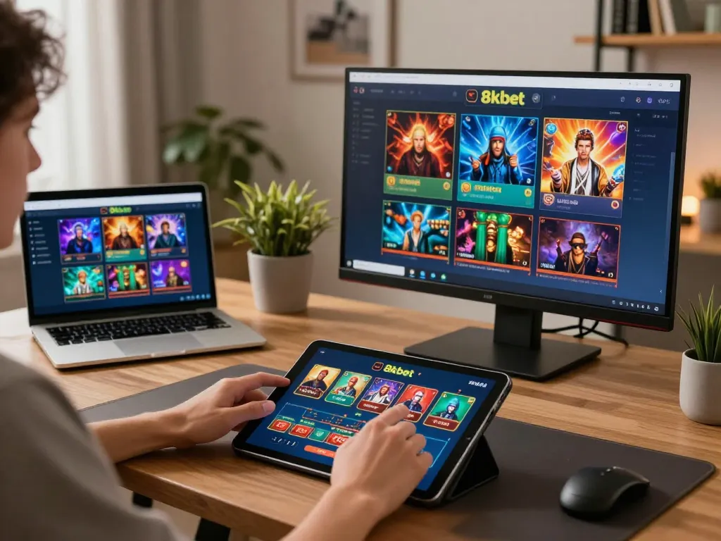 Engaging online gaming scene with a person immersed in 8kbet casino games, showcasing dynamic gameplay.