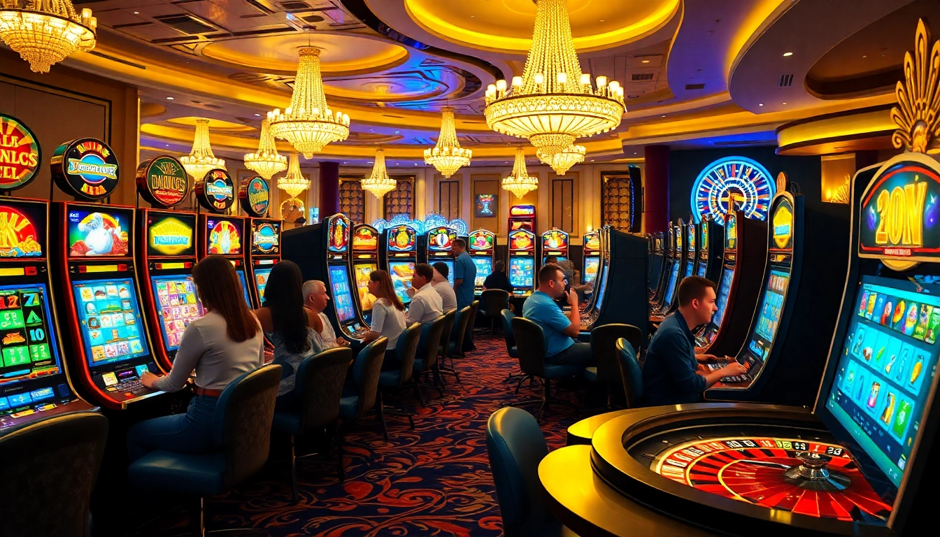 Engaged players enjoying vibrant slot pragmatic machines in an upscale casino setting.
