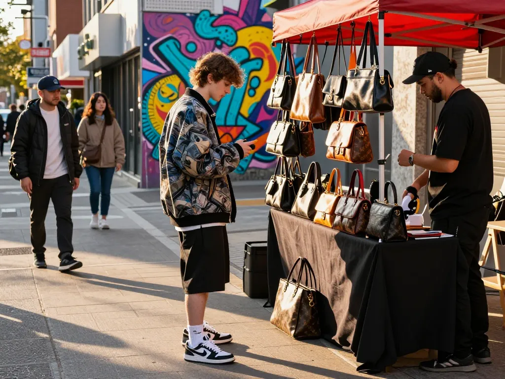Engaging street scene showcasing trendy outfits and 레플리카 쇼핑몰 products in urban fashion shopping.