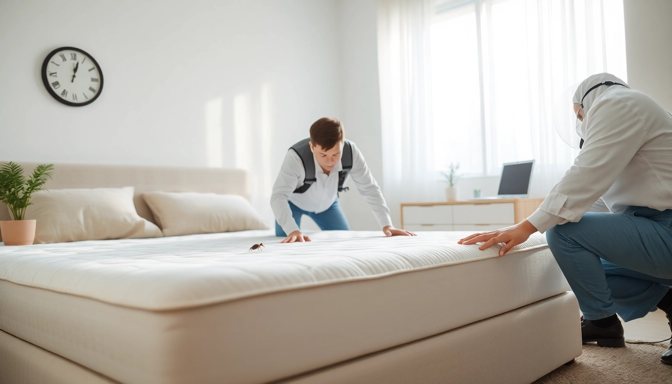 Technician providing bed bug extermination services in a clean bedroom setting.