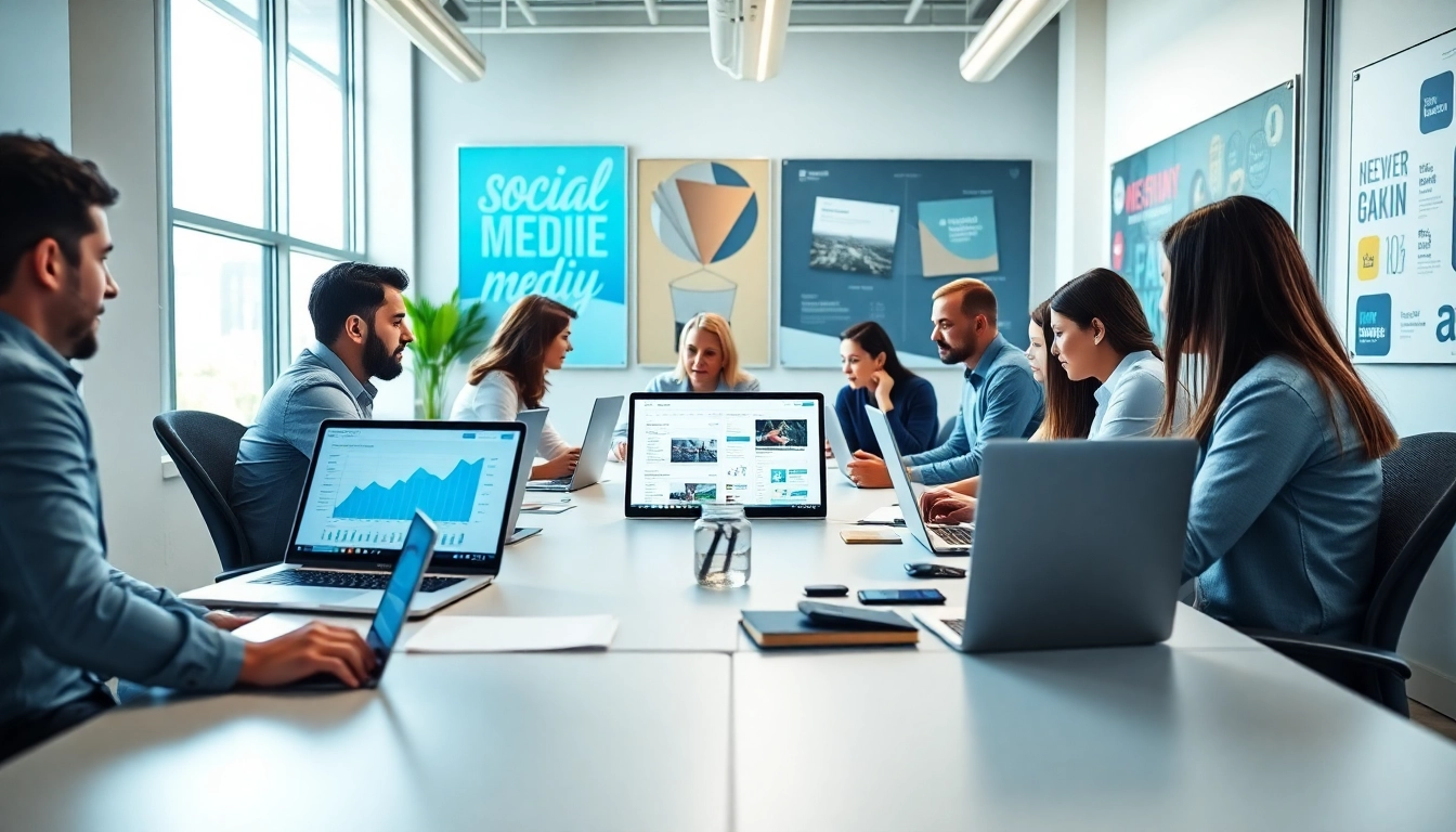 Social media agency team collaborating in a modern workspace, boosting digital strategy.